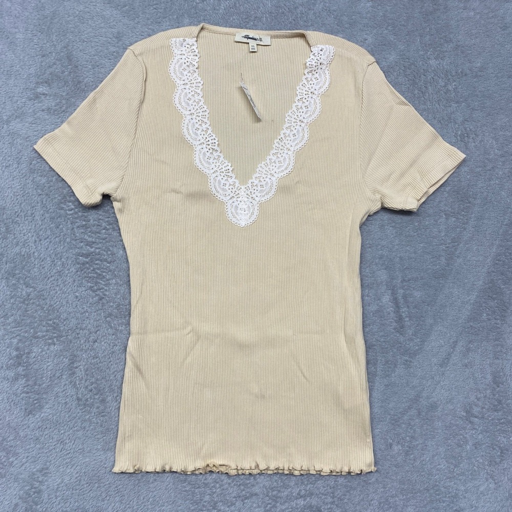 Madewell Shirt Womens XL Lace Trim Ribbed V Neck Short Sleeve Top Beige NY958 - Picture 4 of 11